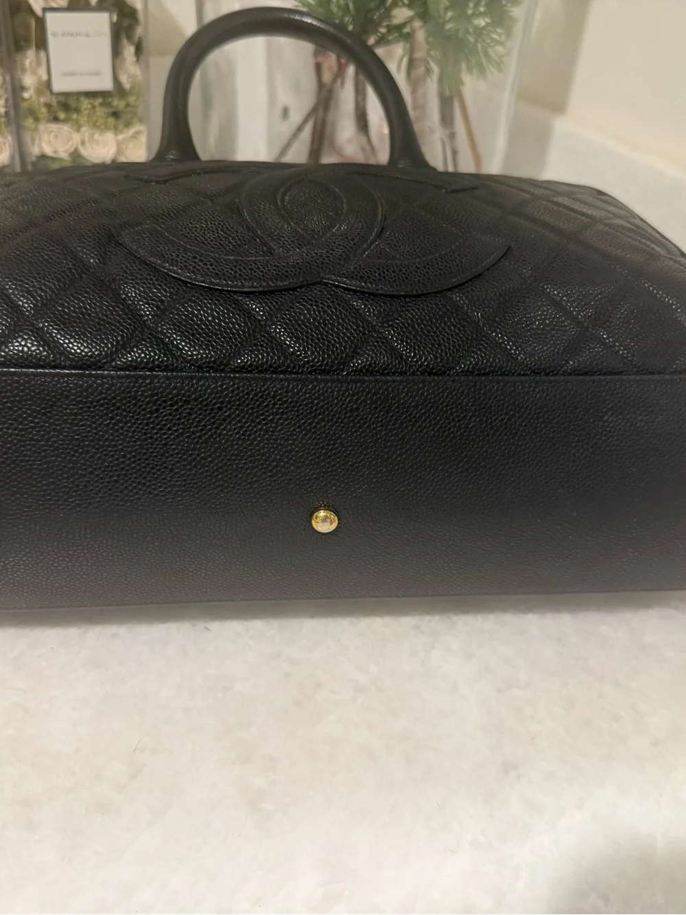 CHANEL Black Quilted caviar Leather Satchel with Top Handles bowling bag